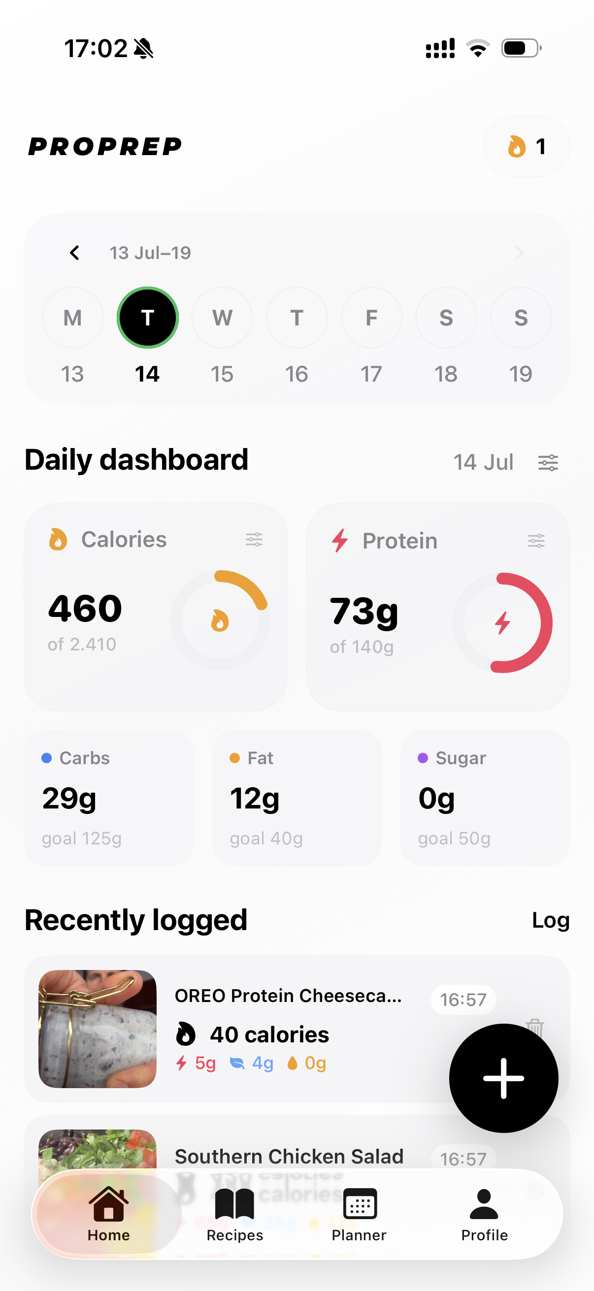 ProPrep calorie and protein tracking dashboard