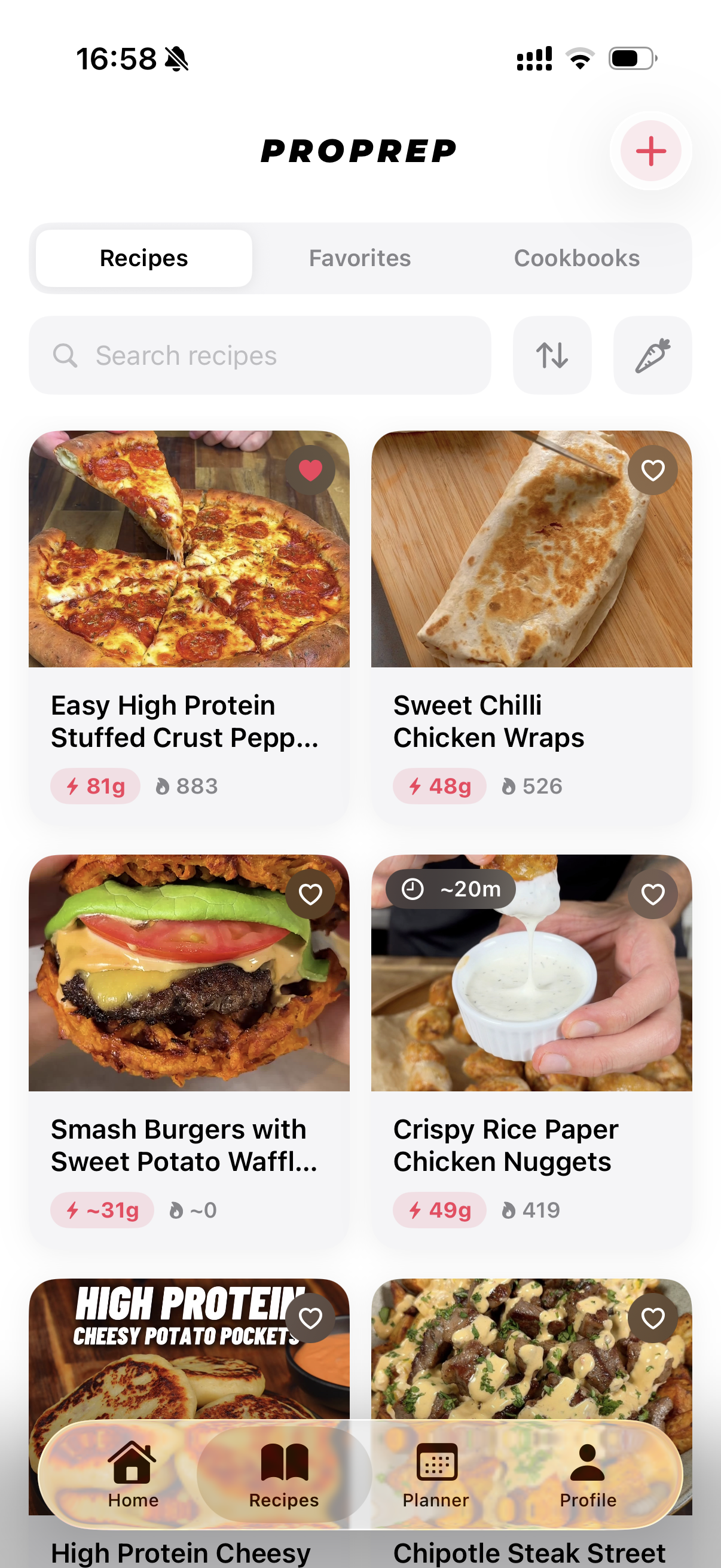 ProPrep recipe library filled with saved high-protein recipes